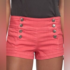 Cuffed Sailor Denim Short Shorts, Coral/Salmon Color, Silver Buttons, Size 30